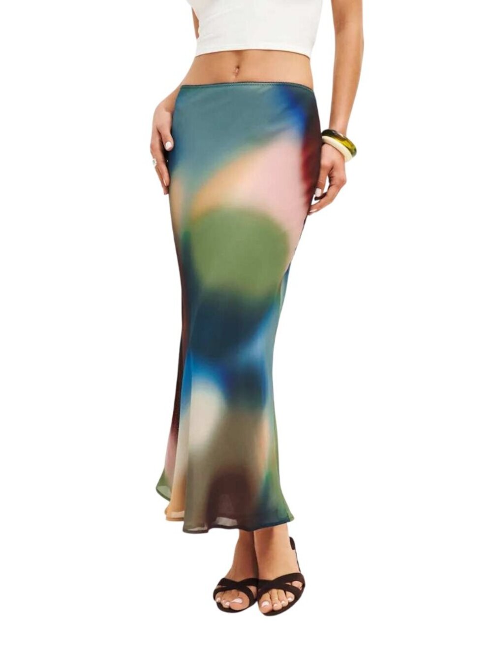 Reformation Layla Midi Skirt Blur | Blurred Abstract Print Green Blue Pink 4
